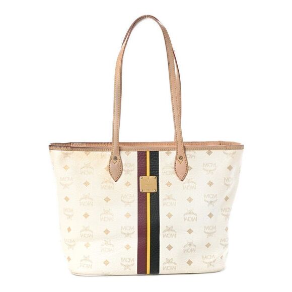 MCM Visetos Striped Shopper Tote White - Picture 1 of 14